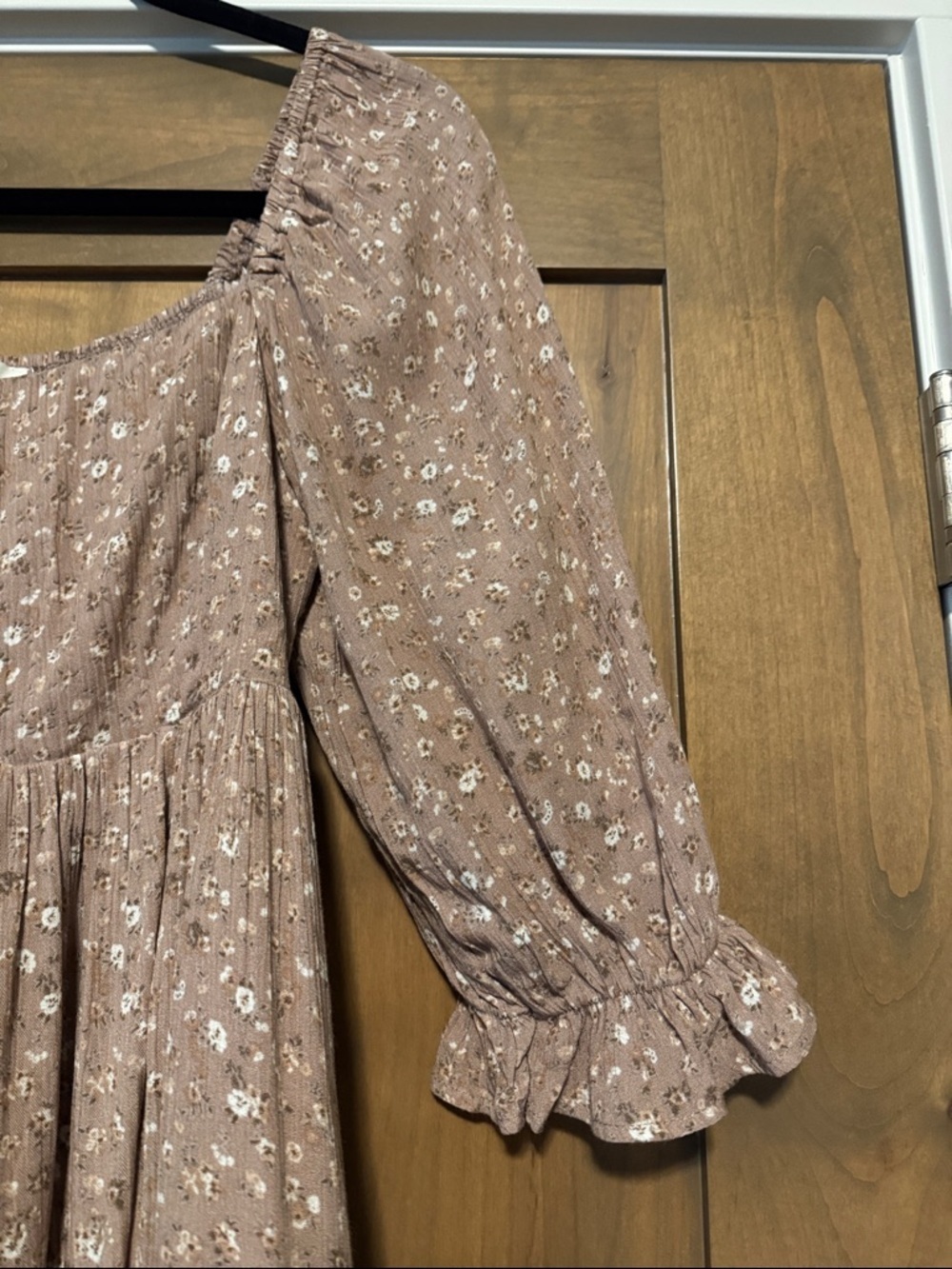 NWT Tan Floral Puff Sleeve Baby Doll Dress Womens M Smocked Boho Coastal cowgirl - Picture 3 of 11